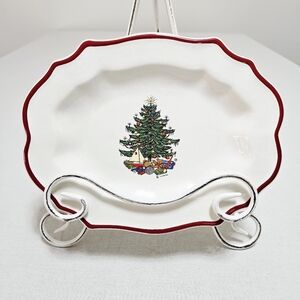 Cuthbertson American Christmass Tree‎ Platter Holiday England Cream Red Rim 9"